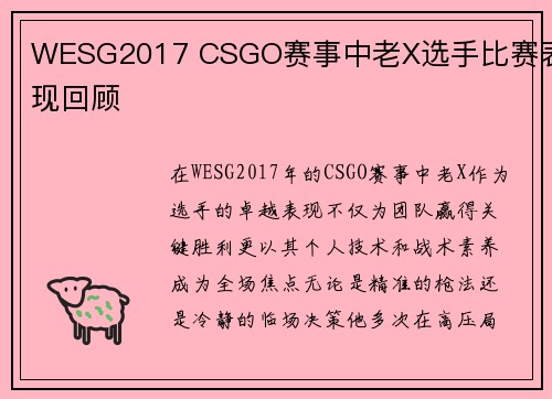 WESG2017 CSGO赛事中老X选手比赛表现回顾