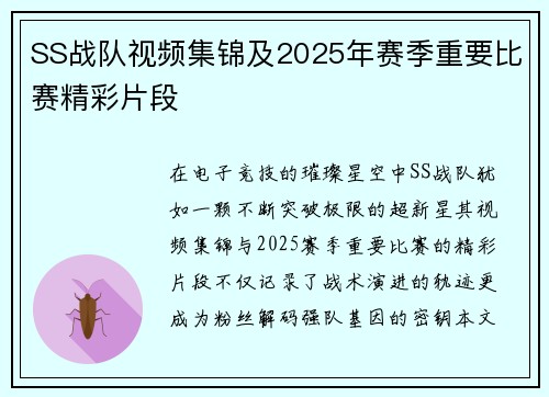 SS战队视频集锦及2025年赛季重要比赛精彩片段